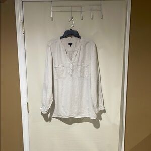 Talbots 100% Linen Long Sleeve Mandarin Collar Blouse Cream Beige